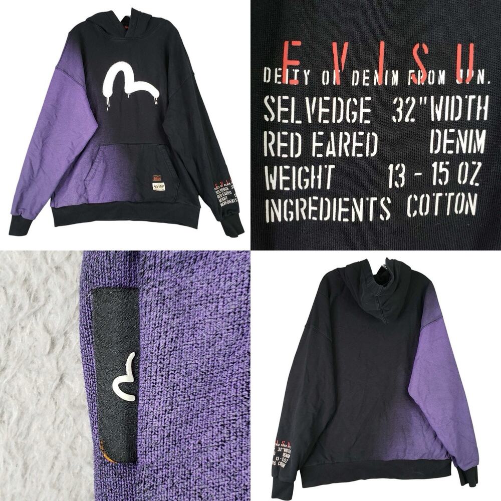 EVISU Logo Hoodie Hoody Sweatshirt Extra Large XL Japan Black Purple Cotton
